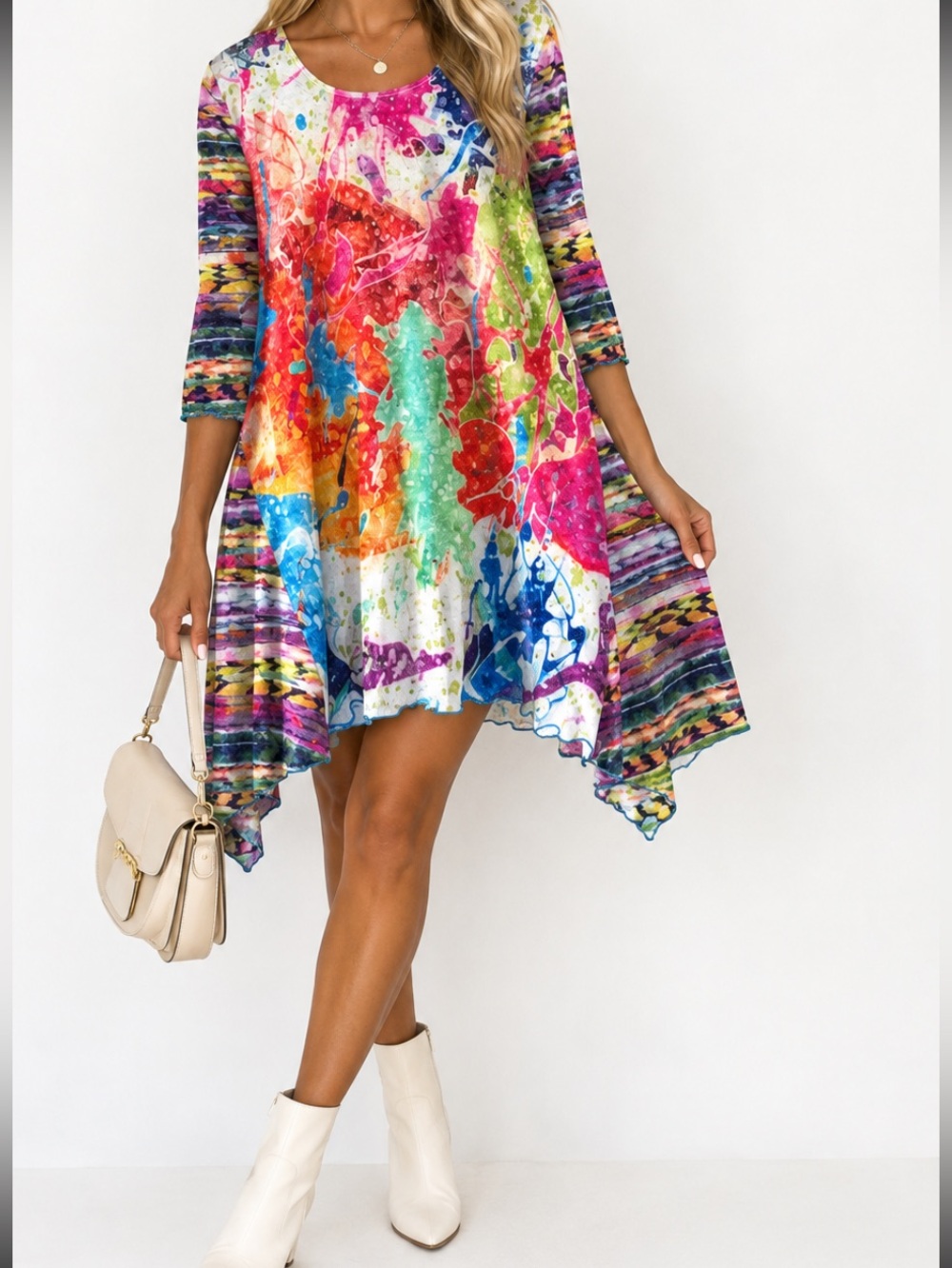 Amma Made In LA Summer Splatter Print  Large Dress Jersey Knit Scoop Neck Artsy